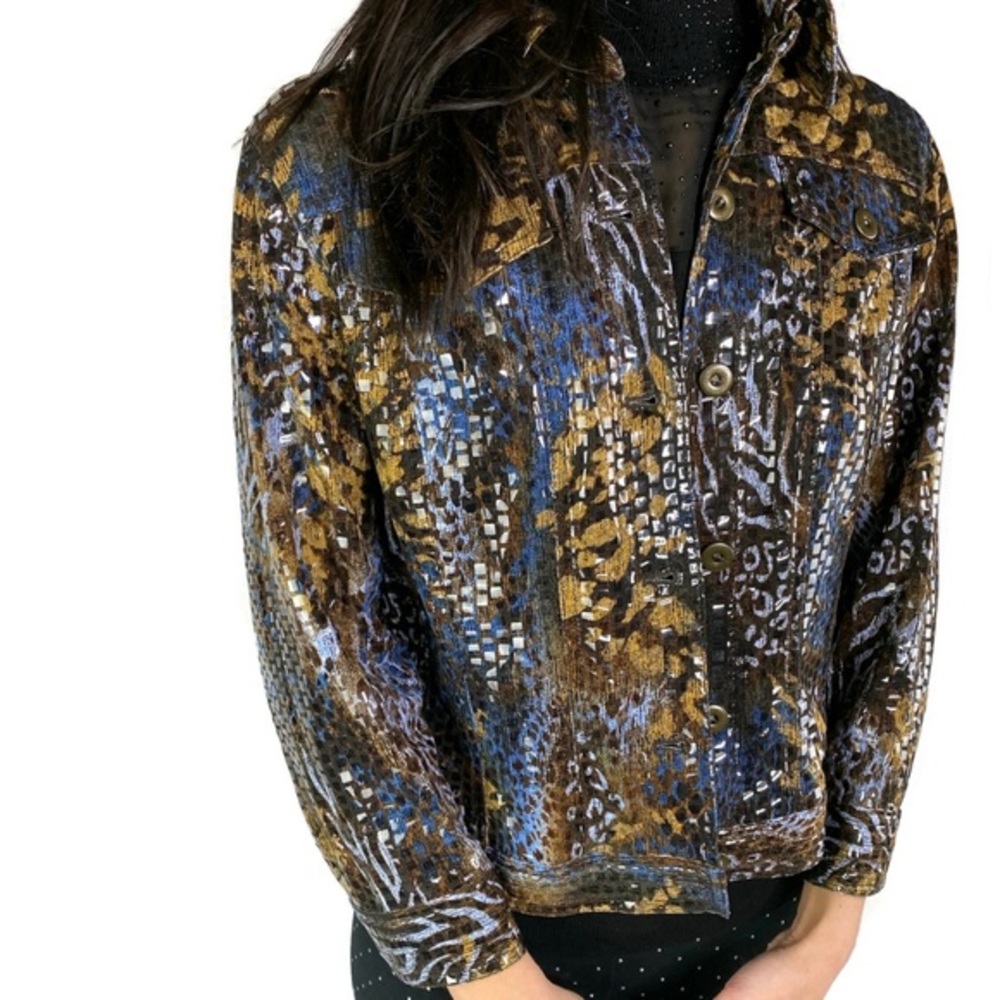Ruby Rd Petite Brown& Blue Animal Print Shinny Jk
